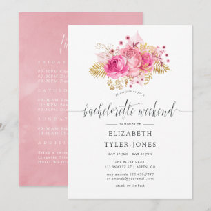 Pink and Gold Roses Bachelorette Weekend Itinerary Invitation