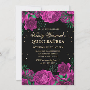 Pink and Gold Roses Border Floral Quinceanera Invitation