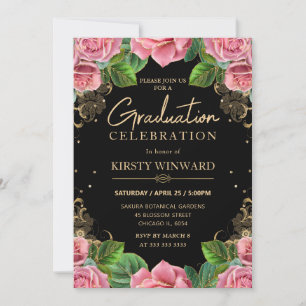 Pink and Gold Roses Floral Graduation Invitation