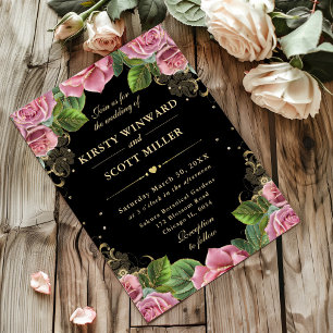 Pink and Gold Roses Floral Wedding Invitation