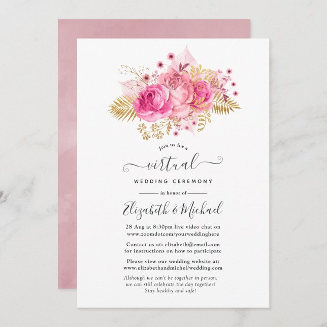 Pink and Gold Roses Online Virtual Wedding Invitation (Front/Back)