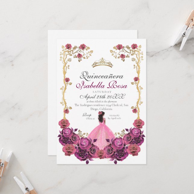  Pink and Gold Roses Quinceanera XV Años Invitation (Front/Back In Situ)