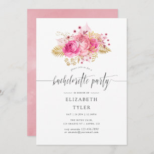 Pink and Gold Roses Watercolor Bachelorette Party Invitation