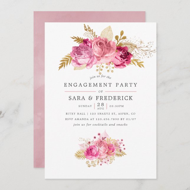 Pink and Gold Roses Watercolor Engagement Party Invitation (Front/Back)