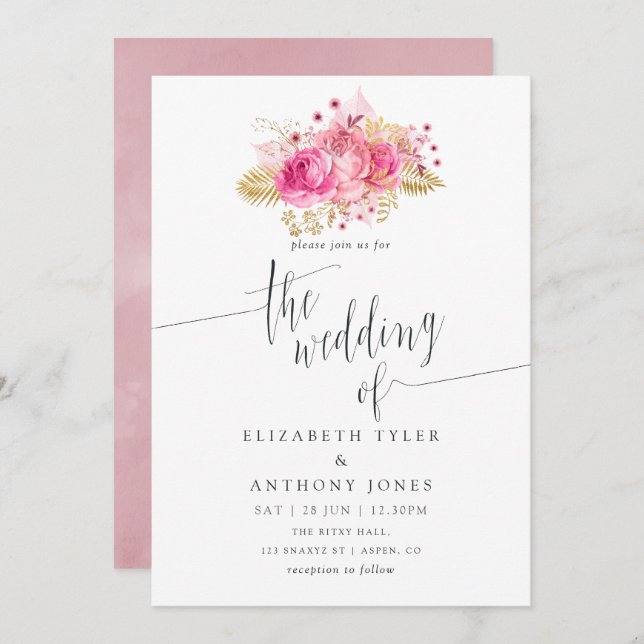 Pink and Gold Roses Watercolor Wedding Invitation (Front/Back)