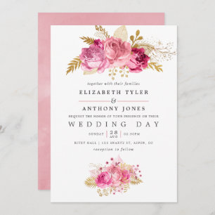 Pink and Gold Roses Watercolor Wedding Invitation