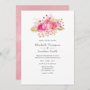 Pink and Gold Roses Watercolor Wedding Invitation