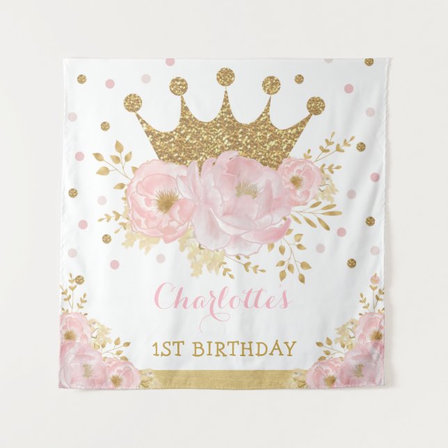 Pink and Gold Royal Crown Princess Birthday Party Tapestry (Front)