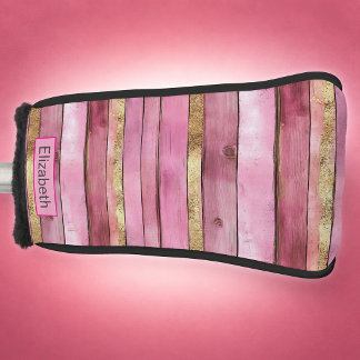 Pink and Gold Rustic Faux Wood Personalised Golf Head Cover