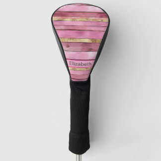 Pink and Gold Rustic Faux Wood Personalised Golf Head Cover