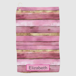 Pink and Gold Rustic Faux Wood Personalised Golf Towel