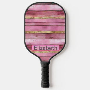 Pink and Gold Rustic Faux Wood Personalised Pickleball Paddle