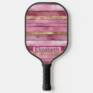 Pink and Gold Rustic Faux Wood Personalised Pickleball Paddle