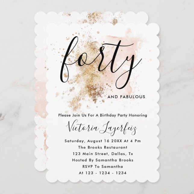 Pink And Gold Script Feminine Woman 40th Birthday  Invitation (Front/Back)