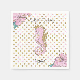 Pink and Gold Seahorse Gem Stone Paper Napkins