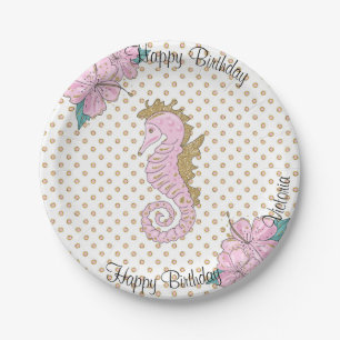 Pink and Gold Seahorse Gem Stone Paper Plates
