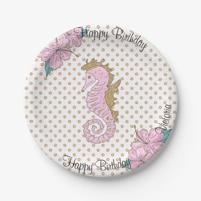 Pink and Gold Seahorse Gem Stone Paper Plates (Front)