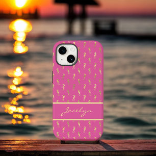 Pink and Gold Seahorses Pattern with Monogram iPhone 14 Case