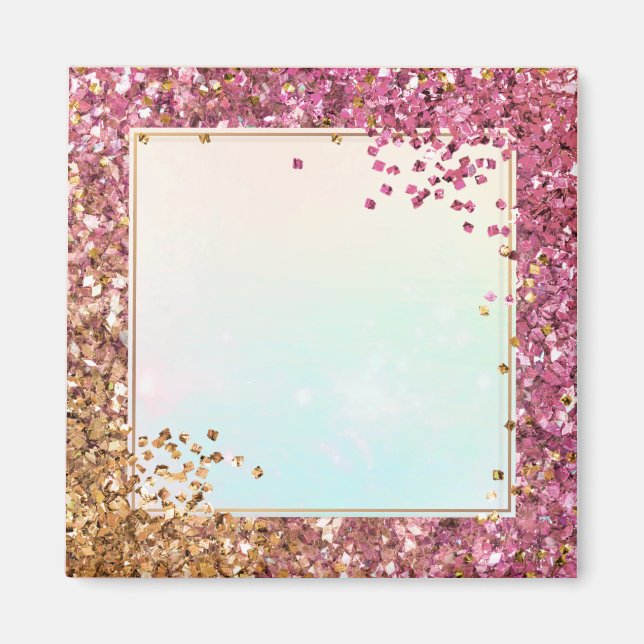 Pink and gold shiny confetti frame background magnet (Front)