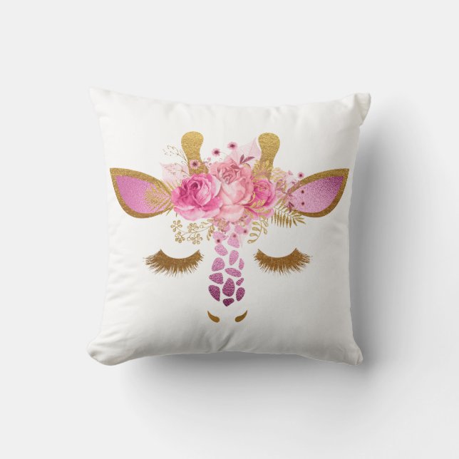 Pink and Gold Sleeping Giraffe Pillow (Front)