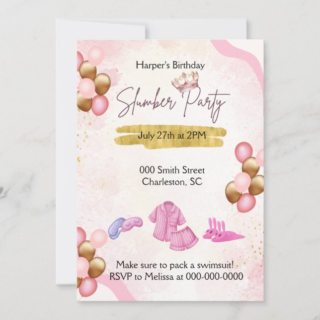 Pink and Gold Slumber Party Invitation (Front)