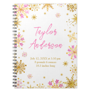 Pink and Gold Snowflakes Baby Birth Statistics Notebook
