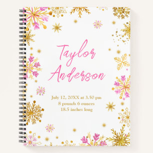 Pink and Gold Snowflakes Baby Birth Statistics Notebook