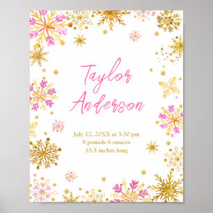 Pink and Gold Snowflakes Baby Birth Statistics Poster