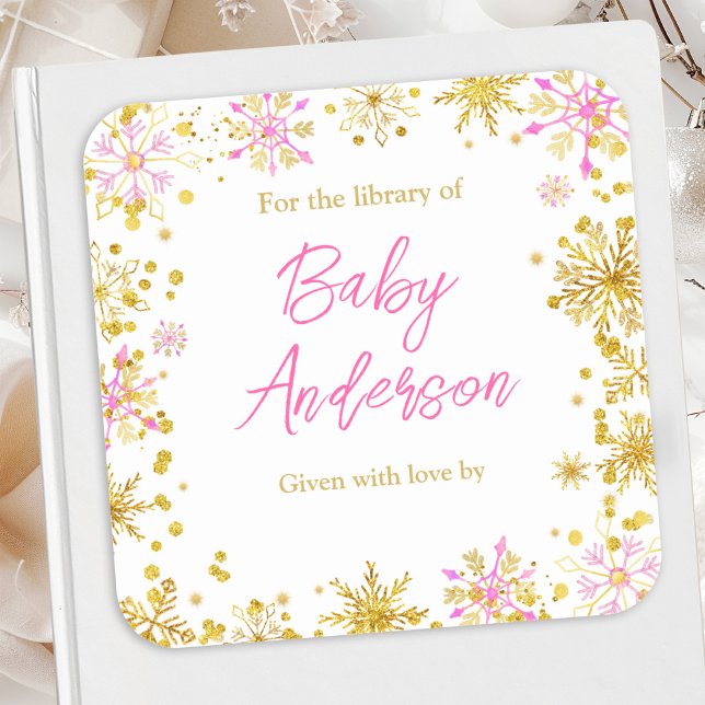 Pink and Gold Snowflakes Baby Shower Bookplate Square Sticker (Creator Uploaded)