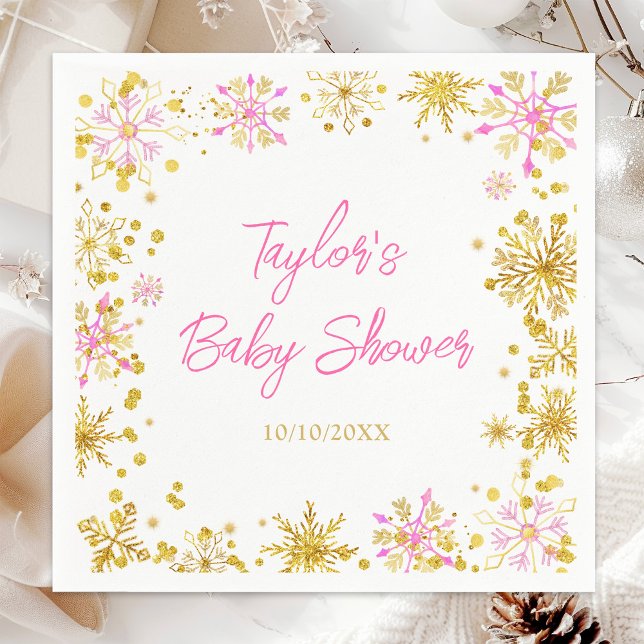 Pink and Gold Snowflakes Baby Shower Napkin (Creator Uploaded)