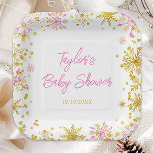 Pink and Gold Snowflakes Baby Shower Paper Plate