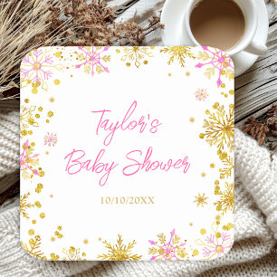 Pink and Gold Snowflakes Baby Shower Square Paper Coaster
