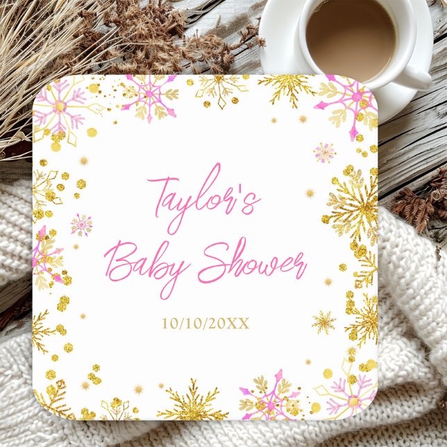 Pink and Gold Snowflakes Baby Shower Square Paper Coaster (Creator Uploaded)
