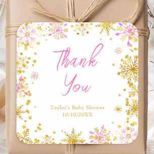 Pink and Gold Snowflakes Baby Shower Thank You Square Sticker