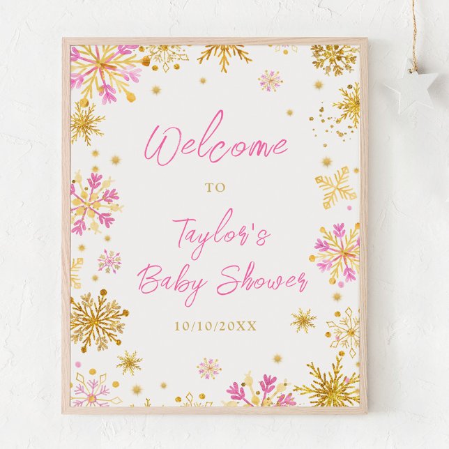 Pink and Gold Snowflakes Baby Shower Welcome Poster (Creator Uploaded)