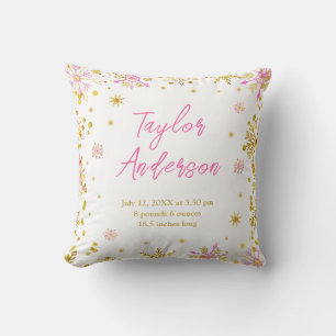 Pink and Gold Snowflakes Birth Stats Cushion