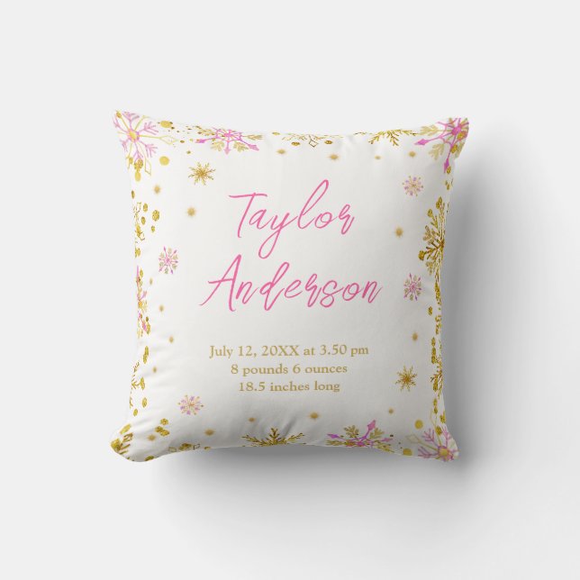 Pink and Gold Snowflakes Birth Stats Cushion (Front)