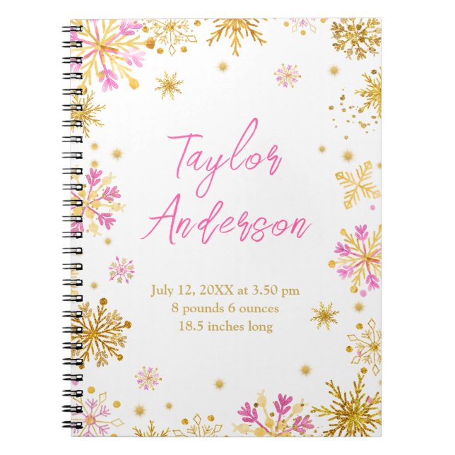 Pink and Gold Snowflakes Birth Stats Notebook (Front)