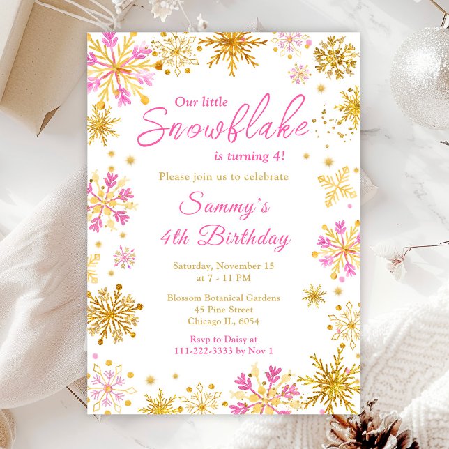 Pink and Gold Snowflakes Birthday Party Invitation (Creator Uploaded)