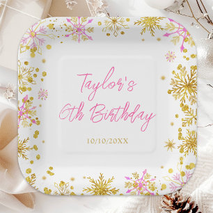 Pink and Gold Snowflakes Birthday Party Paper Plate