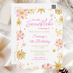 Pink and Gold Snowflakes Birthday Party Postcard