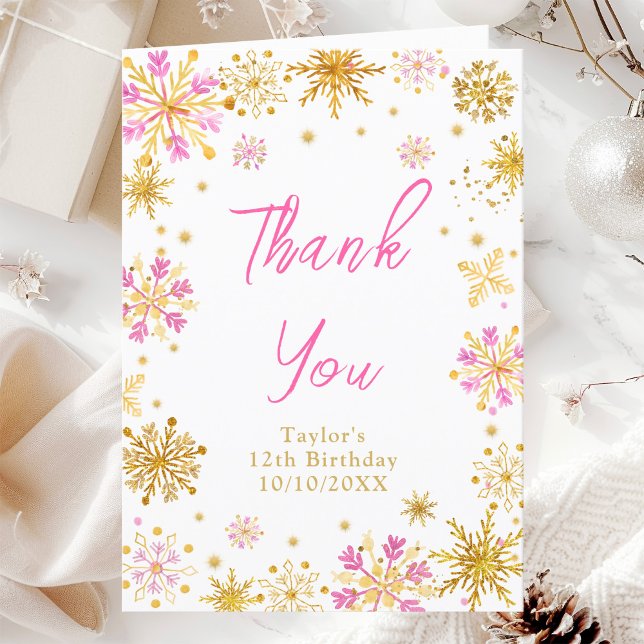 Pink and Gold Snowflakes Birthday Party Thank You Card (Creator Uploaded)