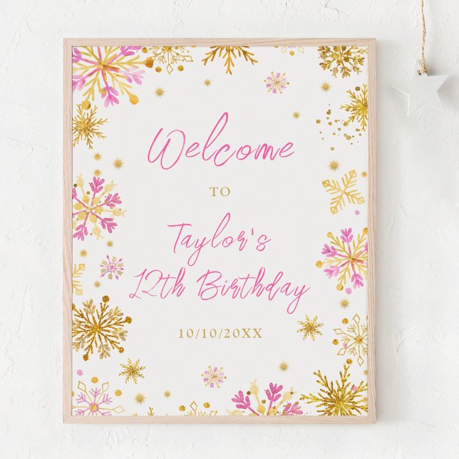 Pink and Gold Snowflakes Birthday Party Welcome Poster (Creator Uploaded)
