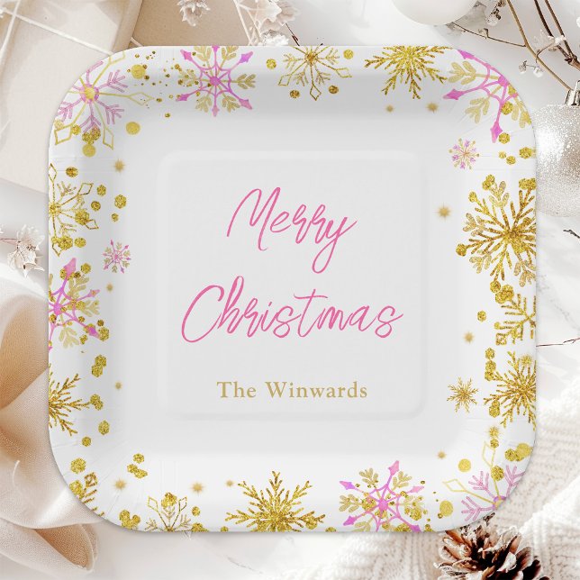 Pink and Gold Snowflakes Christmas Party Paper Plate (Creator Uploaded)