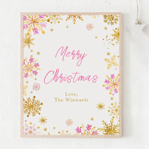 Pink and Gold Snowflakes Merry Christmas Poster