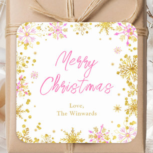 Pink and Gold Snowflakes Merry Christmas Square Sticker