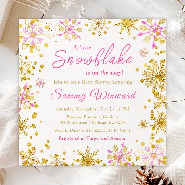Pink and Gold Snowflakes Winter Baby Shower Invitation (Creator Uploaded)