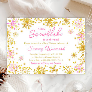 Pink and Gold Snowflakes Winter Baby Shower Invitation