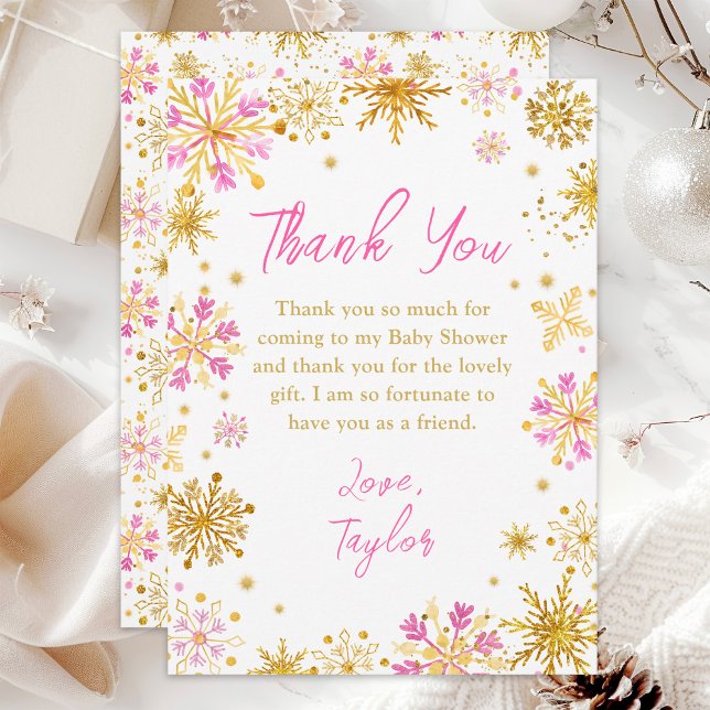 Pink and Gold Snowflakes Winter Baby Shower Thank You Card (Creator Uploaded)
