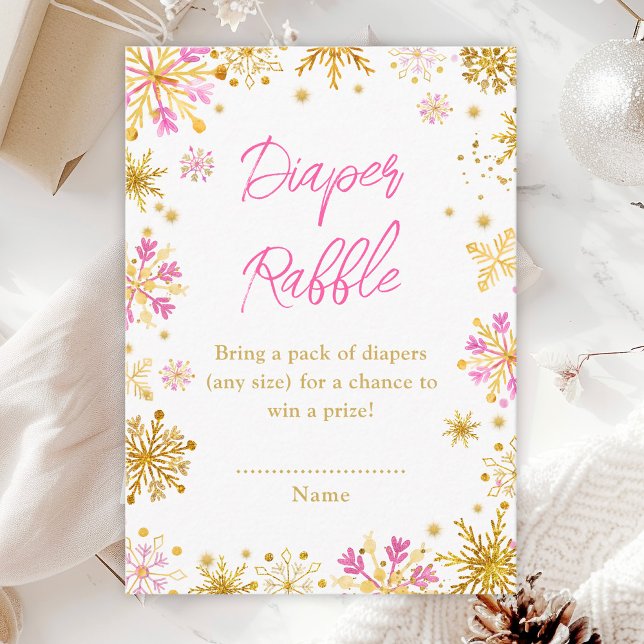 Pink and Gold Snowflakes Winter Diaper Raffle Enclosure Card (Creator Uploaded)